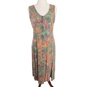 Martha's Vineyard Style Tie-Dye Leaf Print Maxi Dress L Boho Beach Summertime